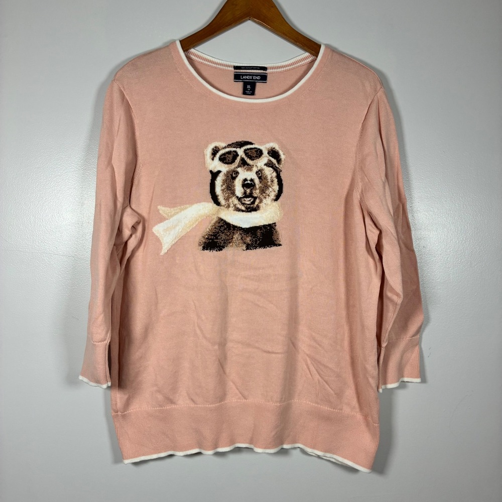 Lands End Sweater XL Pink Aviator Bear Supima Cotton 3/4 Sleeve Preppy Whimsical